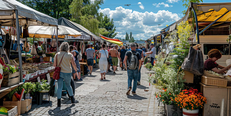 sonniges Wetter zum Troedeln Romantic large flea market for fashion, food, bags, jewelry, antiques, everything at a bargain price, Many attractive visitors, young and old people at the flea market it's noon 12 o'clock, blue sky, many stalls are beautifully decorated
